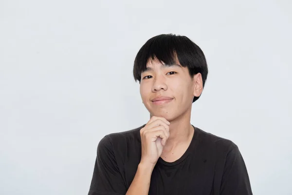 Smiling Cute Asian Man Black Shirt Looking Camera Studio Shot — Stock Photo, Image