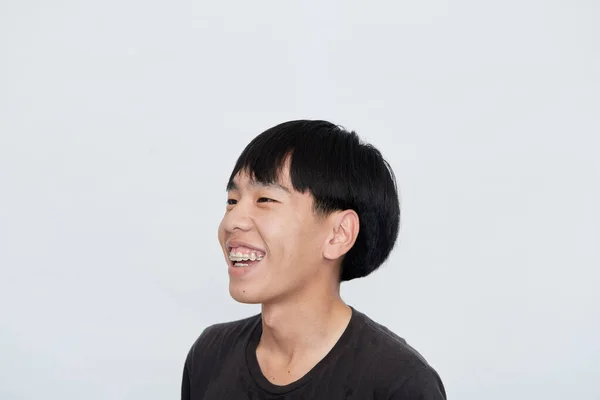 Smiling Cute Asian Man Black Shirt Looking Camera Studio Shot — Stock Photo, Image