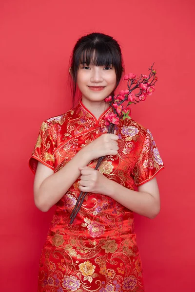 Hermosas Mujeres Asiáticas Rojo Vestido Chino Tradicional Con Celebración Rama — Foto de Stock