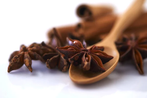 Cinnamon Stick Star Anise Spice White Background Closeup — Stock Photo, Image