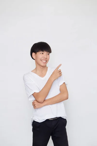 Portrait Happy Smile Asian Man Wearing Casual White Shirt Pointing — Stok Foto