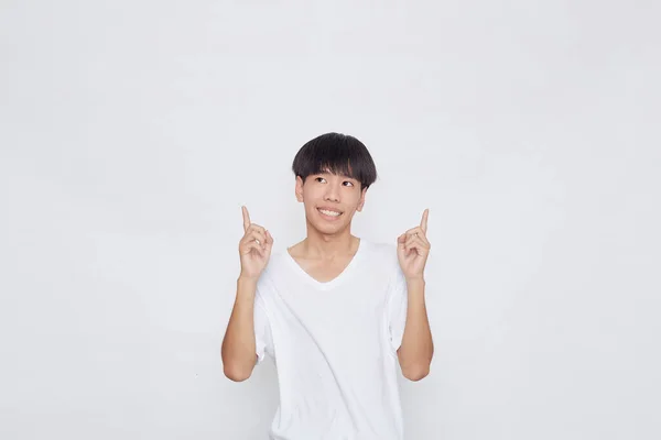 Portrait Happy Smile Asian Man Wearing Casual White Shirt Pointing — Stok Foto