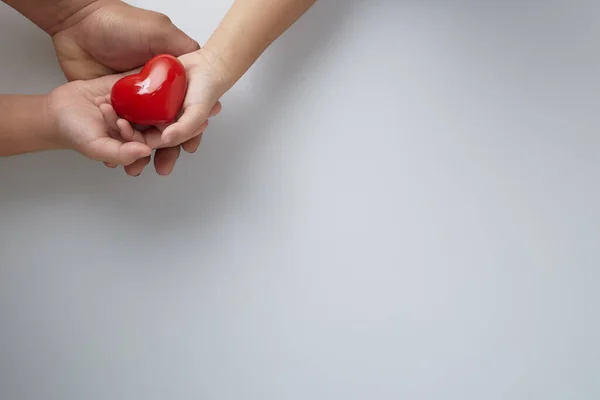 Manos Hombre Niño Con Corazón Rojo Sobre Fondo Blanco — Foto de Stock