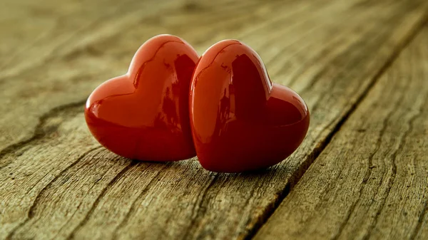 Valentine Fundo Amor Dois Coração Vermelho Mesa Madeira Vintage Rústica — Fotografia de Stock