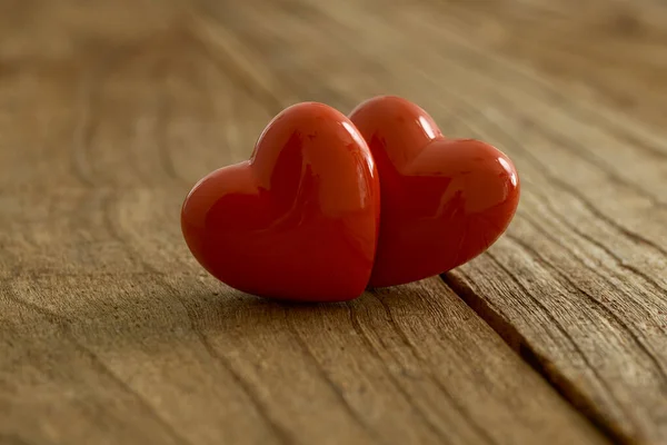 San Valentino Sfondo Amore Due Cuore Rosso Sul Tavolo Legno — Foto Stock