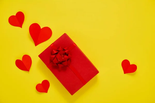 Red Gift Box Paper Red Hearts Yellow Background Concept Valentines — Stock Photo, Image