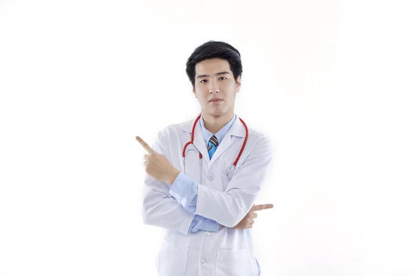 Asian Man Doctor Medical Gown Stethoscope Pointing Index Fingers Aside — Stock Photo, Image