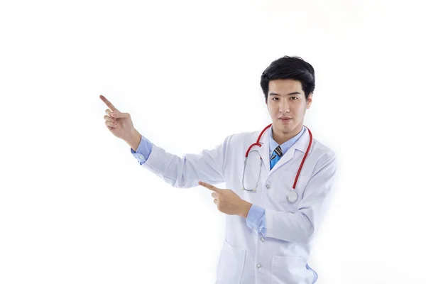 Asian Man Doctor Medical Gown Stethoscope Pointing Index Fingers Aside — Stock Photo, Image