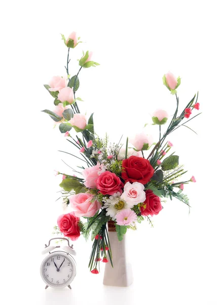 Beautiful Bouquet Flower Vase Clock White Background — Stock Photo, Image