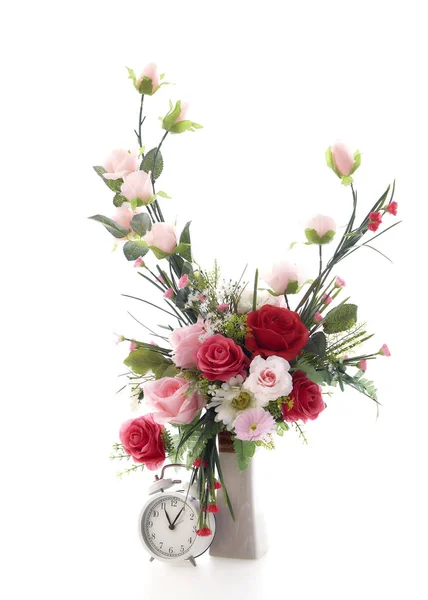 Beautiful Bouquet Flower Vase Clock White Background — Stock Photo, Image