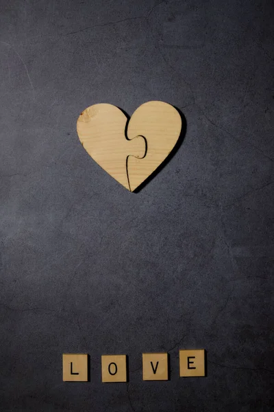 Love Text Word Wood Blocks Withe Wooden Heart Black Cement — стоковое фото