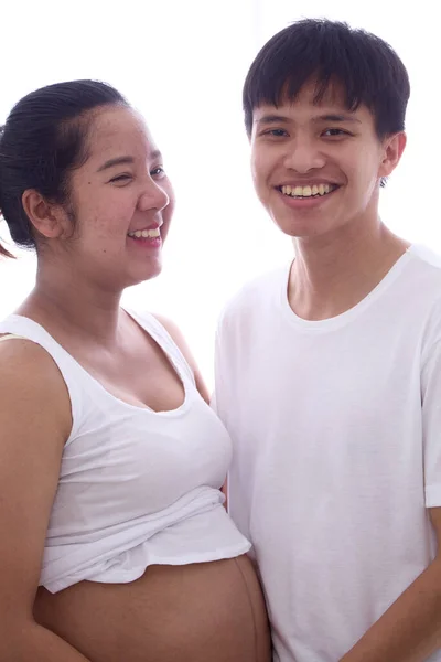 Pregnancy Joy Happy Asian Couple Hugging Thai Family Awaiting Baby — Stock Photo, Image