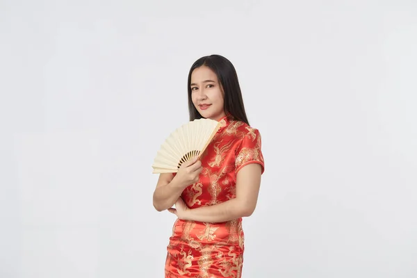 Atractiva Hermosa Joven Mujer Asiática Tradicional Vestido Rojo Cheongsam Celebración — Foto de Stock