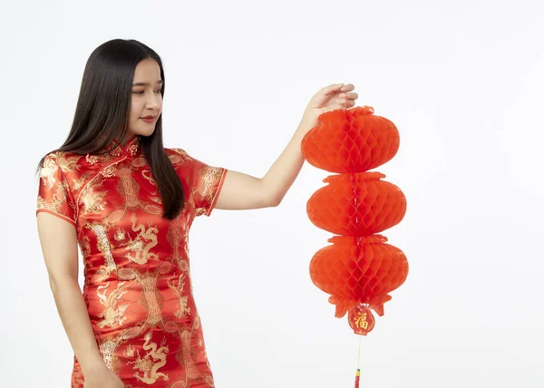 Mujer Asiática Joven Vestido Cheongsam Rojo Tradicional Celebración Linternas Año — Foto de Stock