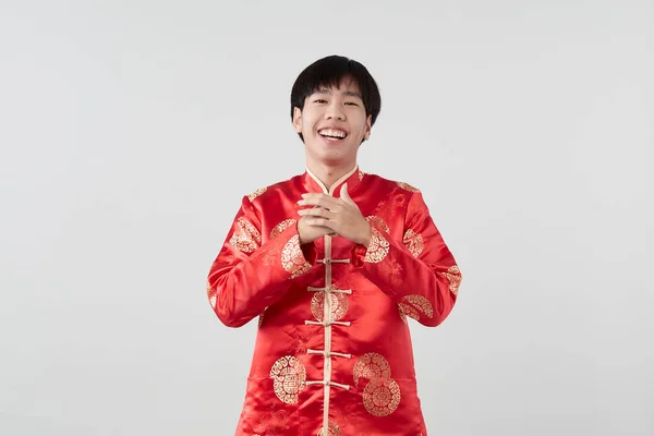 Geleneksel Oryantal Kostümlü Yakışıklı Asyalı Adam Çin Yeni Yıl Kavramları — Stok fotoğraf