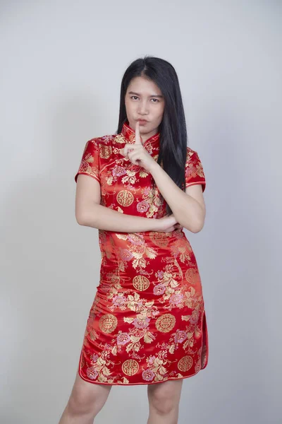Feliz Ano Novo Chinês Mulher Asiática Bonita Vestindo Vestido Tradicional — Fotografia de Stock