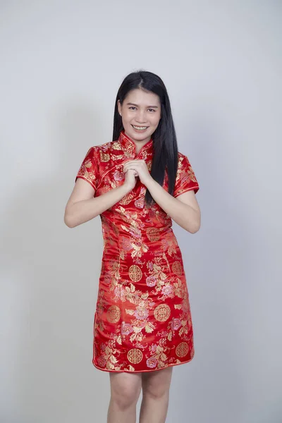 Feliz Año Nuevo Chino Hermosa Mujer Asiática Vistiendo Tradicional Cheongsam — Foto de Stock