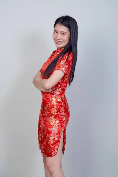 Feliz Ano Novo Chinês Mulher Asiática Bonita Vestindo Vestido Tradicional — Fotografia de Stock