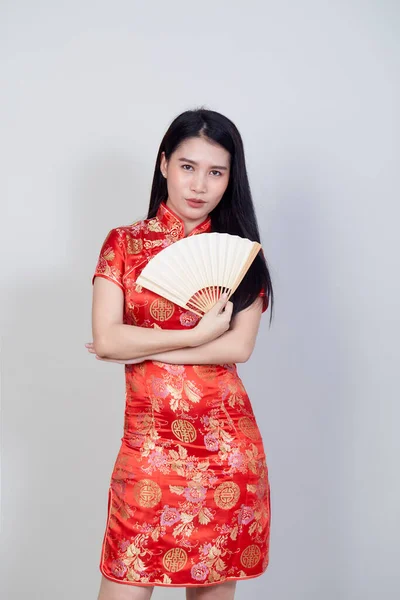 Feliz Ano Novo Chinês Mulher Asiática Vestindo Tradicional Cheongsam Qipao — Fotografia de Stock