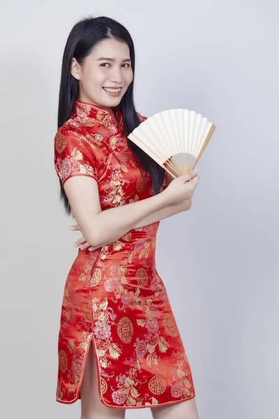 Feliz Ano Novo Chinês Mulher Asiática Vestindo Tradicional Cheongsam Qipao — Fotografia de Stock