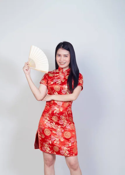 Feliz Año Nuevo Chino Mujer Asiática Con Cheongsam Tradicional Vestido — Foto de Stock