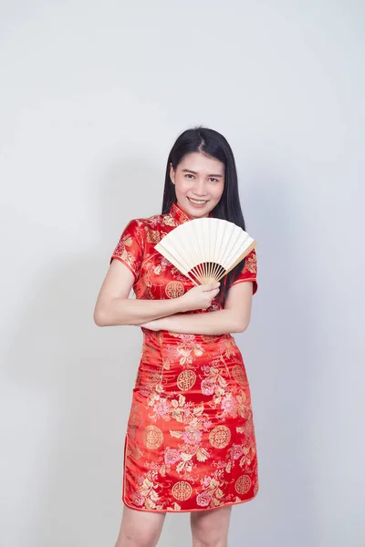 Feliz Ano Novo Chinês Mulher Asiática Vestindo Tradicional Cheongsam Qipao — Fotografia de Stock