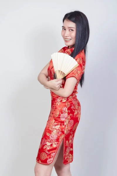 Feliz Ano Novo Chinês Mulher Asiática Vestindo Tradicional Cheongsam Qipao — Fotografia de Stock