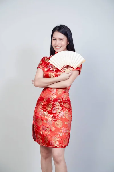 Feliz Año Nuevo Chino Mujer Asiática Con Cheongsam Tradicional Vestido — Foto de Stock