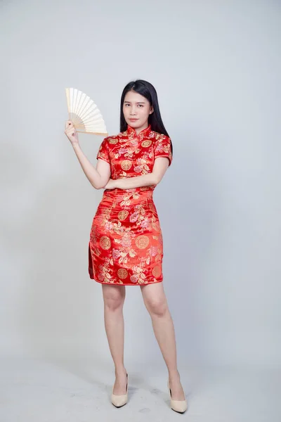 Feliz Ano Novo Chinês Mulher Asiática Vestindo Tradicional Cheongsam Qipao — Fotografia de Stock