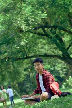 Yakışıklı genç Asyalı bir adam yazın parkta çimlerde oturur..