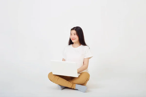 Vuelta Concepto Escuela Feliz Joven Mujer Asiática Agradable Atractiva Sentada —  Fotos de Stock