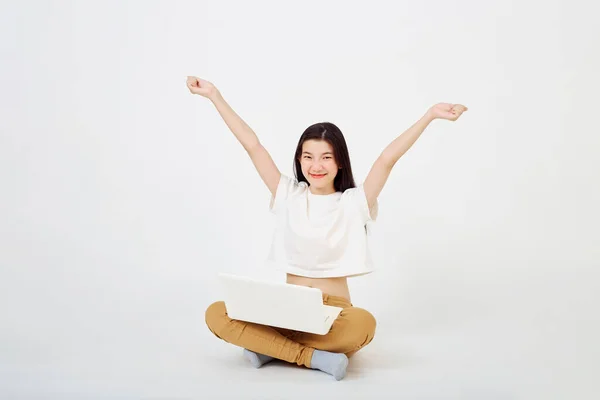 Vuelta Concepto Escuela Feliz Joven Mujer Asiática Agradable Atractiva Sentada —  Fotos de Stock