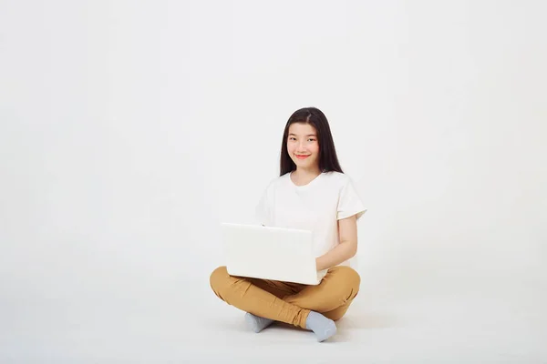 Vuelta Concepto Escuela Feliz Joven Mujer Asiática Agradable Atractiva Sentada —  Fotos de Stock