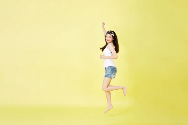 Full Length Portrait Pretty Asian Girl Floating Smiling Jumping Mid — Stock Photo, Image