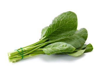 Beyaz arka planda taze Çin lahanası sebzesine bir demet su damlası.