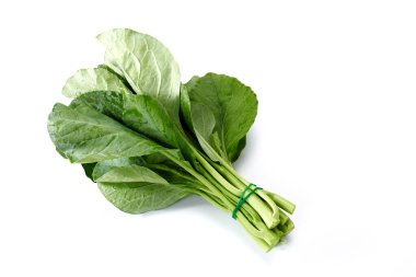 Beyaz arka planda taze Çin lahanası sebzesine bir demet su damlası.