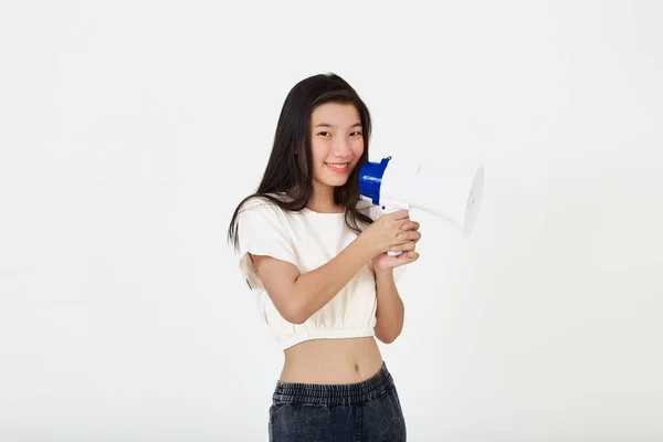 Portrait Beautiful Young Asian Woman Smile Megaphone Making Announcement Isolated — Stock Photo, Image