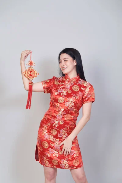 Chica Asiática Bonita Con Cheongsam Vestido Tradicional Chino Qipao Celebración — Foto de Stock