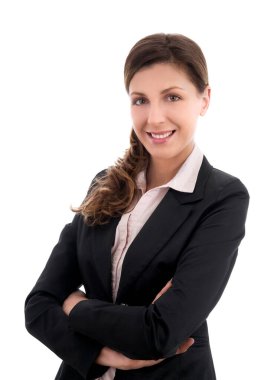 Elleri beyaz arka planda katlanmış güzel genç bir kadın. 