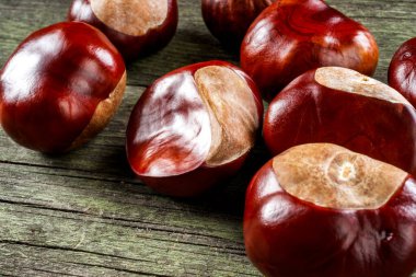 Kestanenin sonbahar meyveleri ahşap masada