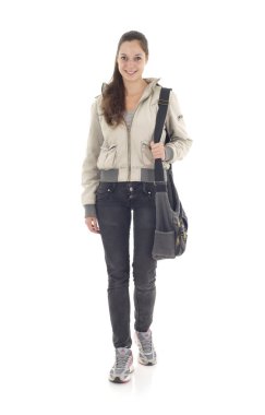 Portrait of cute girl student on white background