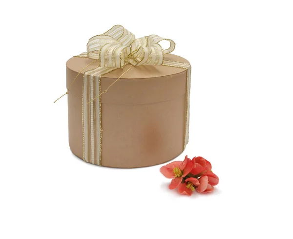 Gift Box Golden Ribbon Flowers Isolated White Background — Stock Photo, Image