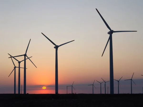 Centrale Eoliene Timpul Apus Soare Frumos — Fotografie, imagine de stoc