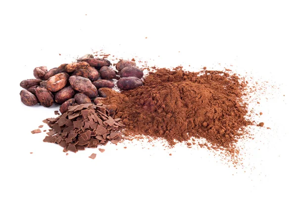 Granos Cacao Cacao Polvo Copos Chocolate Aislados Sobre Fondo Blanco — Foto de Stock
