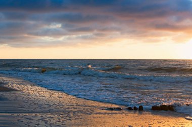 Gün batımında Baltık Denizi kıyısında. Yakın plan.