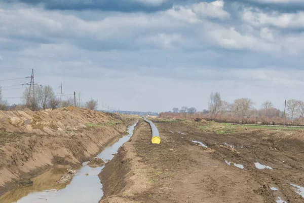 Natural Gas Pipeline Construction Work Dug Trench Ground Installation Installation — Stock Photo, Image