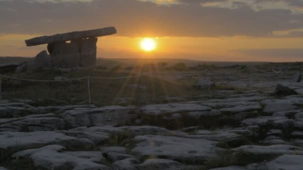 5000 jaar oude Polnabrone Dolmen in de Burren, Nationaal Park, Co. Clare - Ierland - vlakke video profiel. — Stockvideo