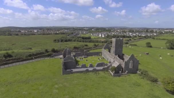 Ruínas aéreas da Abadia de Clare perto de Ennis, Co. Clare - Irlanda — Vídeo de Stock