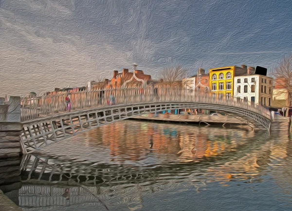 油画展示著名的都柏林地标便士桥台坛 — 图库照片