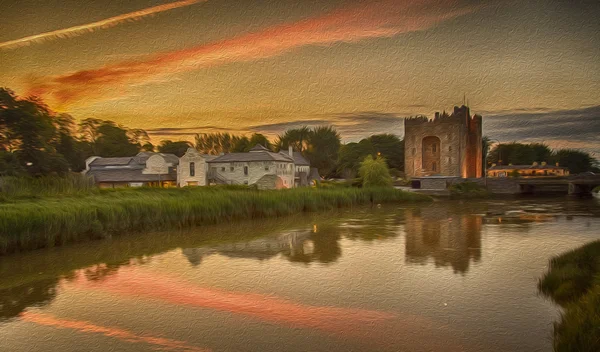 Peinture à l'huile d'un château au bord de la mer avec un coucher de soleil — Photo